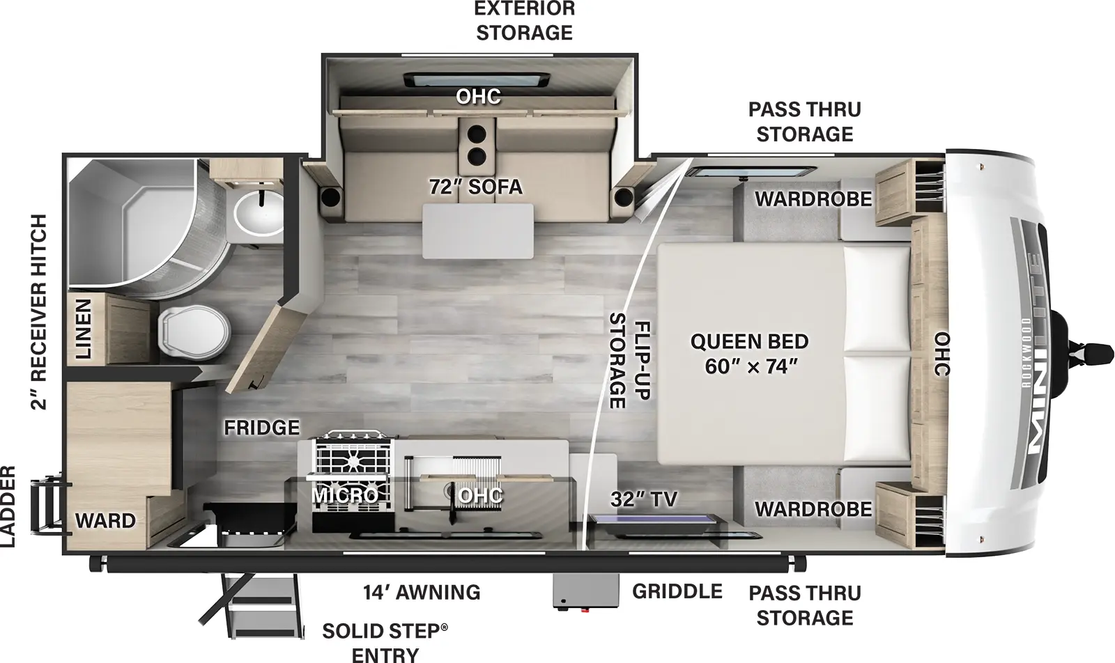 The 2109S has one slide out and one entry door. Exterior features a 14 foot awning, solid step entry, front pass thru storage, griddle, off-door side exterior storage, rear ladder and 2 inch receiver hitch. Interior layout front to back: foot-facing queen bed with flip-up storage, overhead cabinets and wardrobes on either side; off-door side slide out with sofa and table, and overhead cabinets; door side RV, kitchen counter with sink, overhead cabinet, microwave, cooktop, and entry; rear off-door side full bathroom with linen cabinet; rear door-side refrigerator and wardrobe.